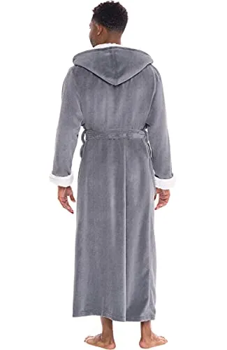 Alexander Del Rossa Men’s Robe, Big and Tall Plush Fleece Hooded Bathrobe with Two Large Front Pockets and Tie Closure, Steel Gray with Sherpa, Small-Medium