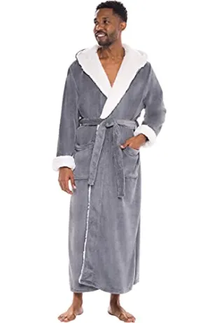 Alexander Del Rossa Men’s Robe, Big and Tall Plush Fleece Hooded Bathrobe with Two Large Front Pockets and Tie Closure, Steel Gray with Sherpa, Small-Medium