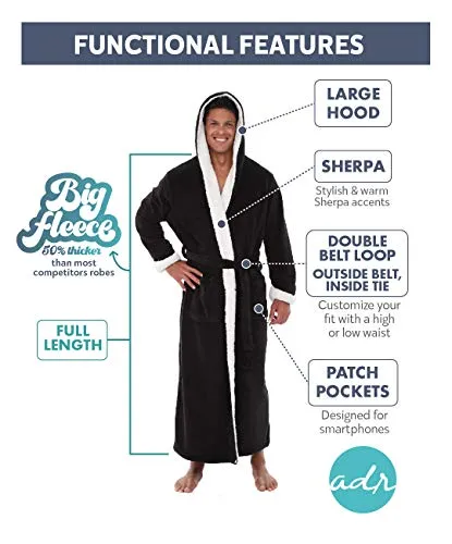 Alexander Del Rossa Men’s Robe, Big and Tall Plush Fleece Hooded Bathrobe with Two Large Front Pockets and Tie Closure, Steel Gray with Sherpa, Small-Medium
