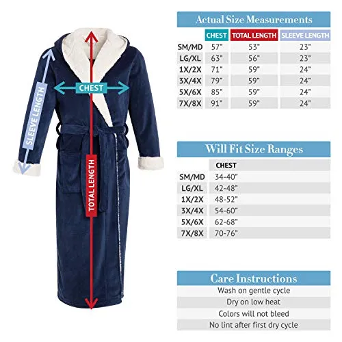 Alexander Del Rossa Men’s Robe, Big and Tall Plush Fleece Hooded Bathrobe with Two Large Front Pockets and Tie Closure, Steel Gray with Sherpa, Small-Medium