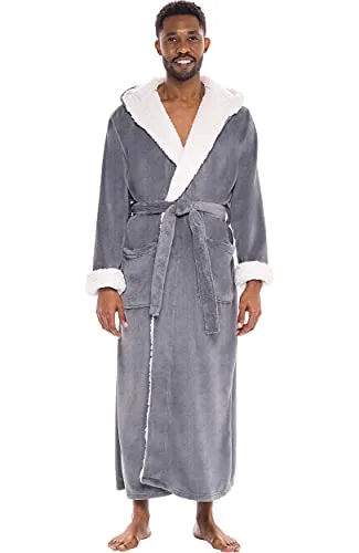 Alexander Del Rossa Men’s Robe, Big and Tall Plush Fleece Hooded Bathrobe with Two Large Front Pockets and Tie Closure, Steel Gray with Sherpa, Small-Medium