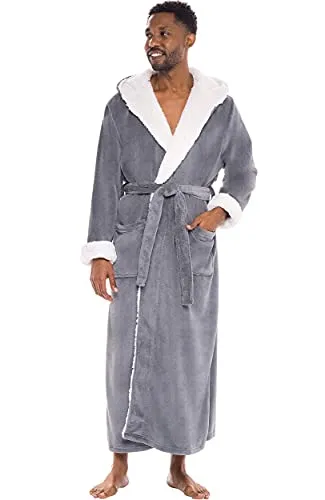 Alexander Del Rossa Men’s Robe, Big and Tall Plush Fleece Hooded Bathrobe with Two Large Front Pockets and Tie Closure, Steel Gray with Sherpa, Small-Medium