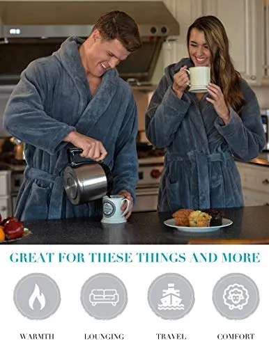 Alexander Del Rossa Men’s Robe, Big and Tall Plush Fleece Hooded Bathrobe with Two Large Front Pockets and Tie Closure, Steel Gray with Sherpa, Small-Medium