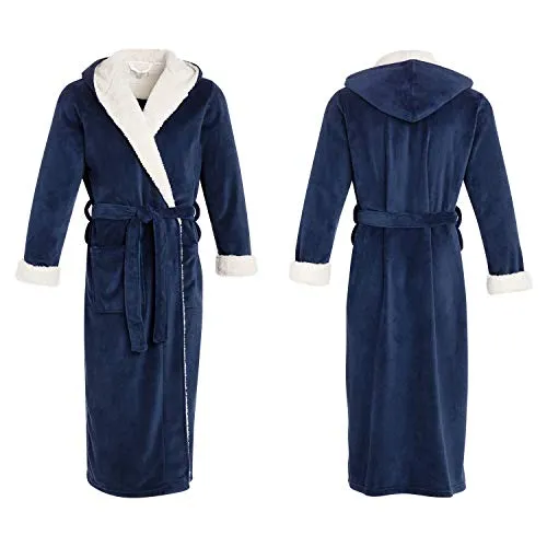 Alexander Del Rossa Men’s Robe, Big and Tall Plush Fleece Hooded Bathrobe with Two Large Front Pockets and Tie Closure, Steel Gray with Sherpa, Small-Medium