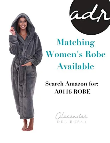 Alexander Del Rossa Men’s Robe, Big and Tall Plush Fleece Hooded Bathrobe with Two Large Front Pockets and Tie Closure, Steel Gray with Sherpa, Small-Medium