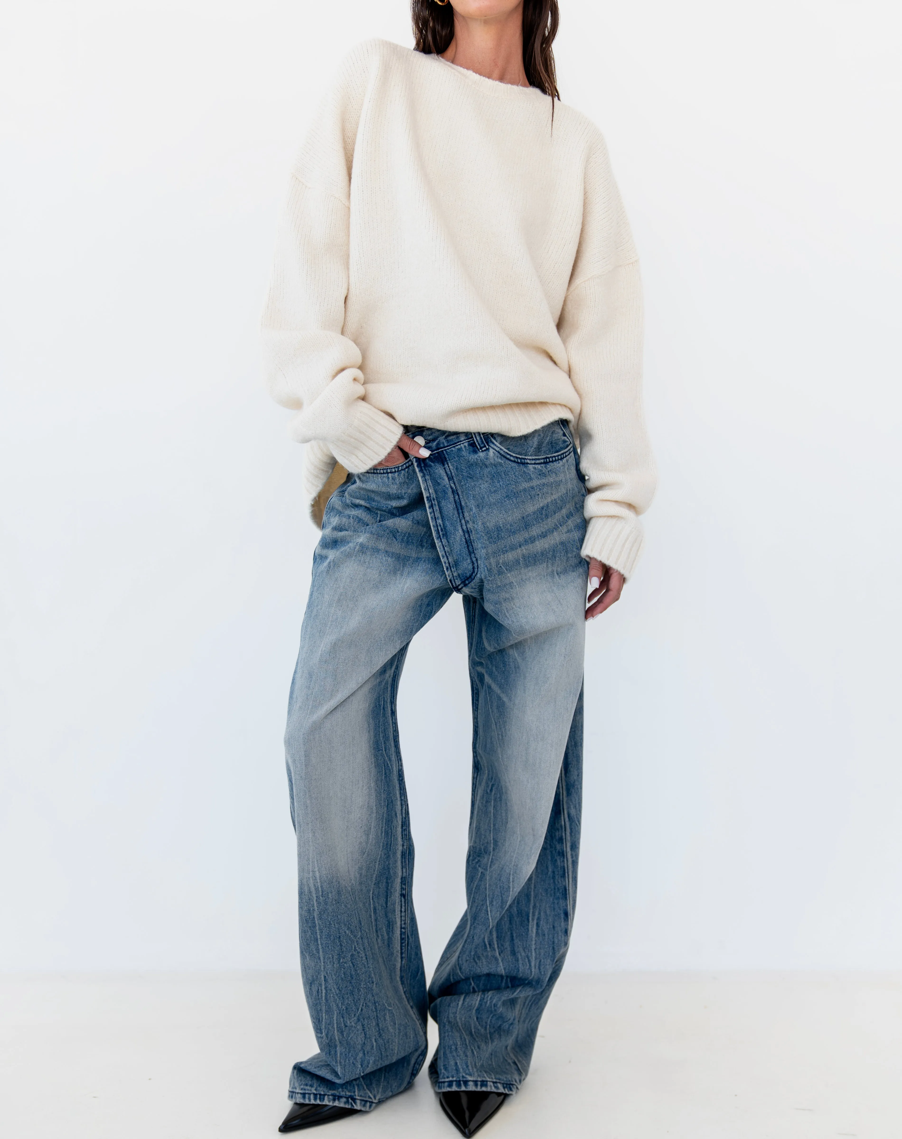 Asher Asymmetrical Waistband Jeans, Mid Wash