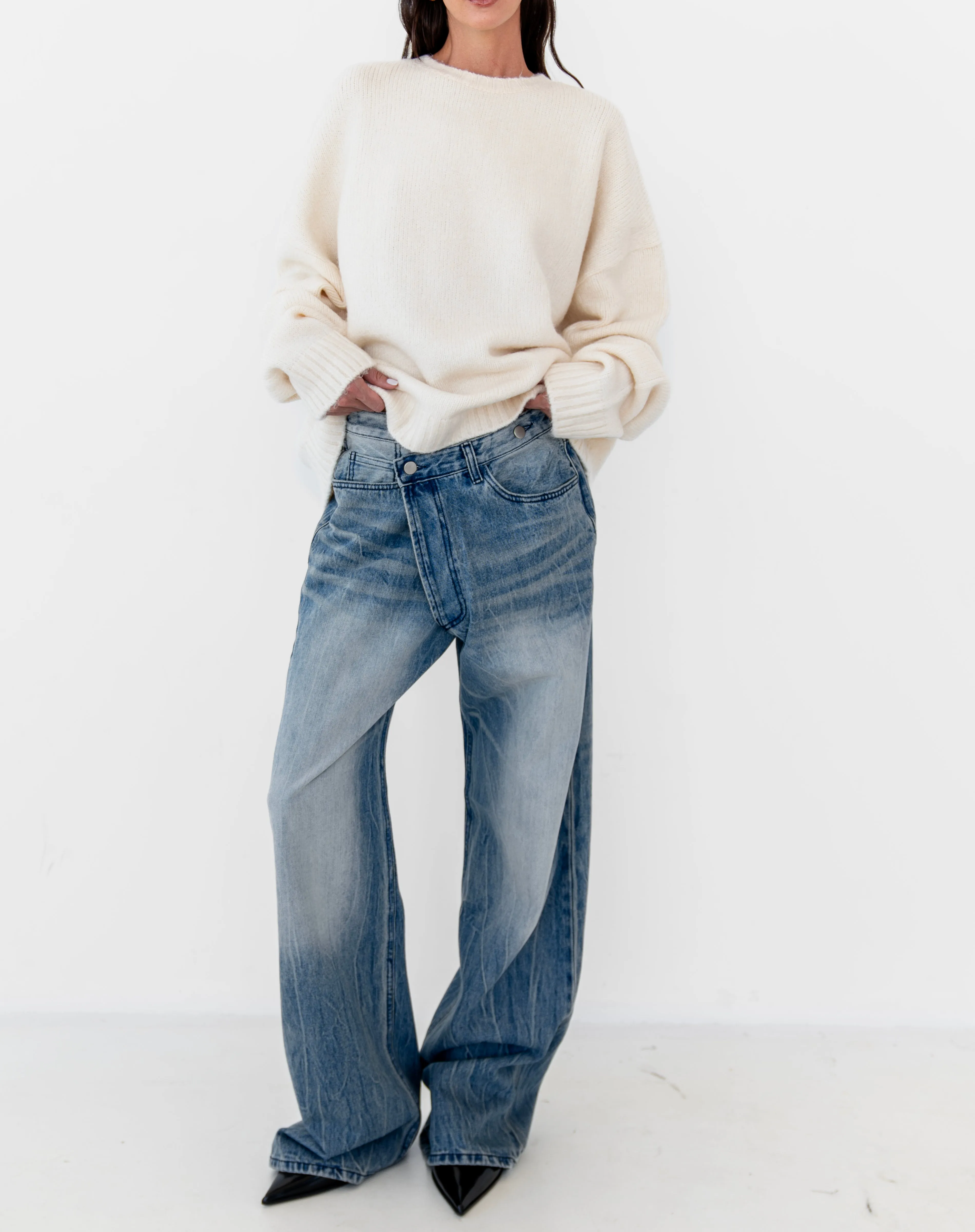 Asher Asymmetrical Waistband Jeans, Mid Wash