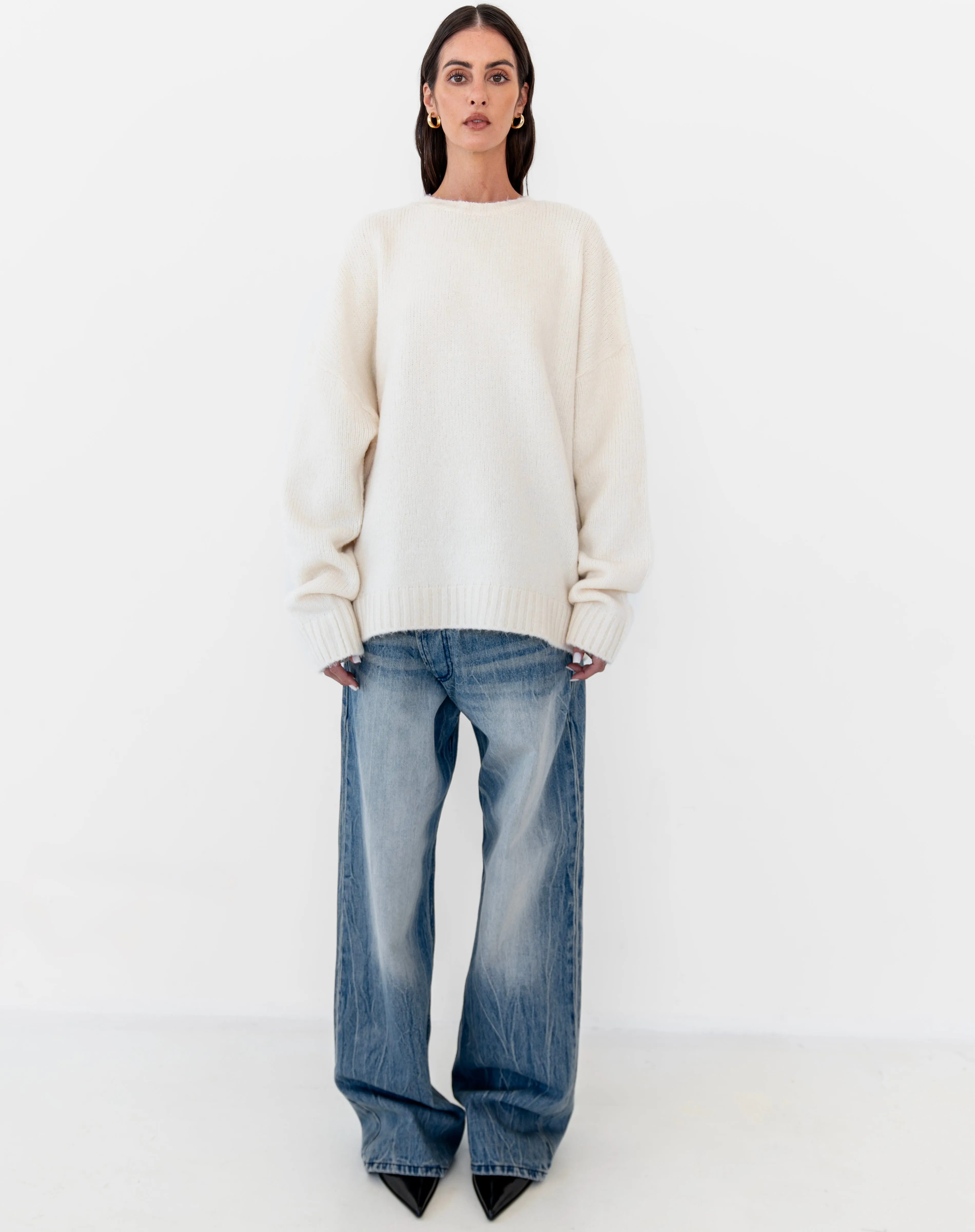 Asher Asymmetrical Waistband Jeans, Mid Wash