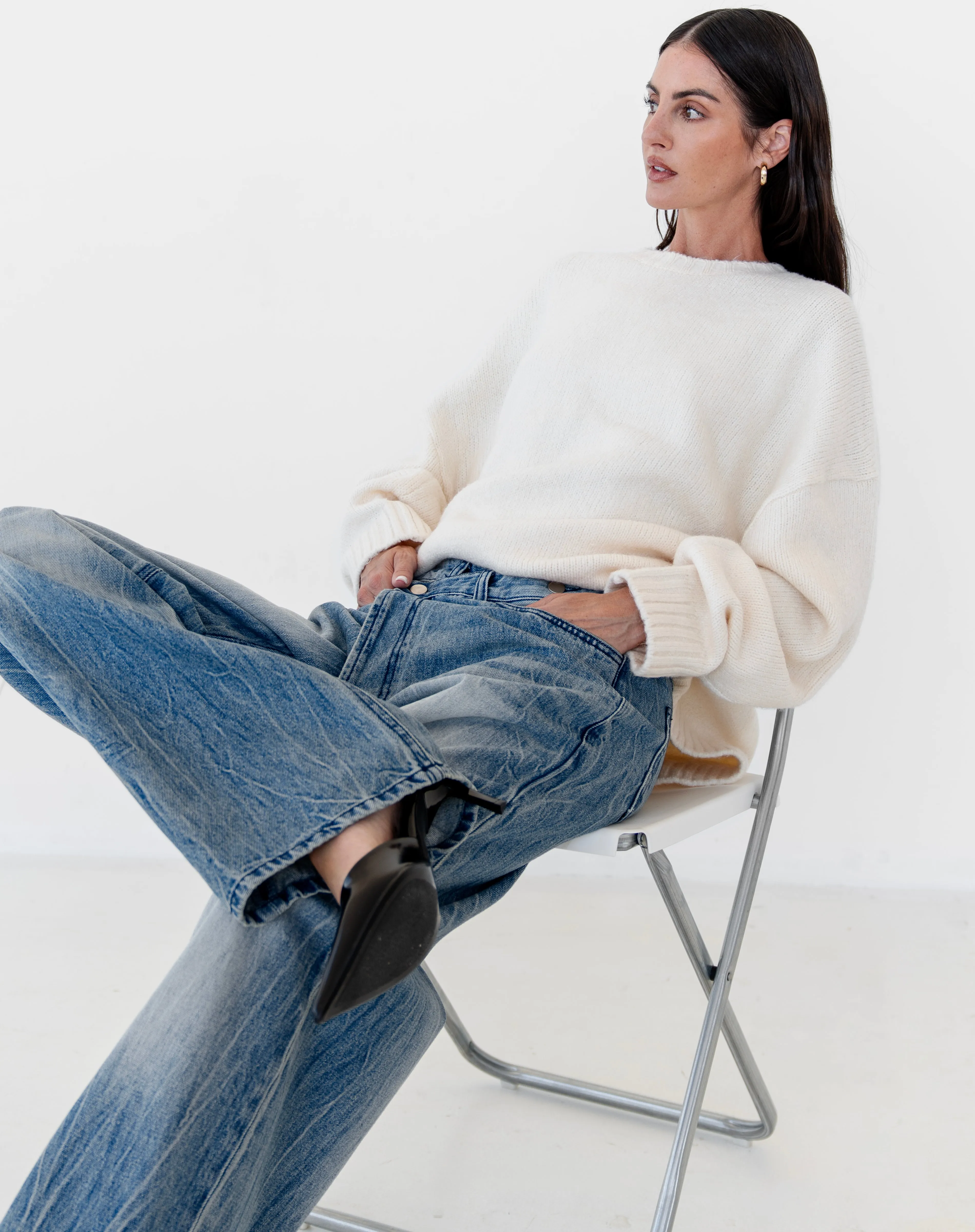 Asher Asymmetrical Waistband Jeans, Mid Wash