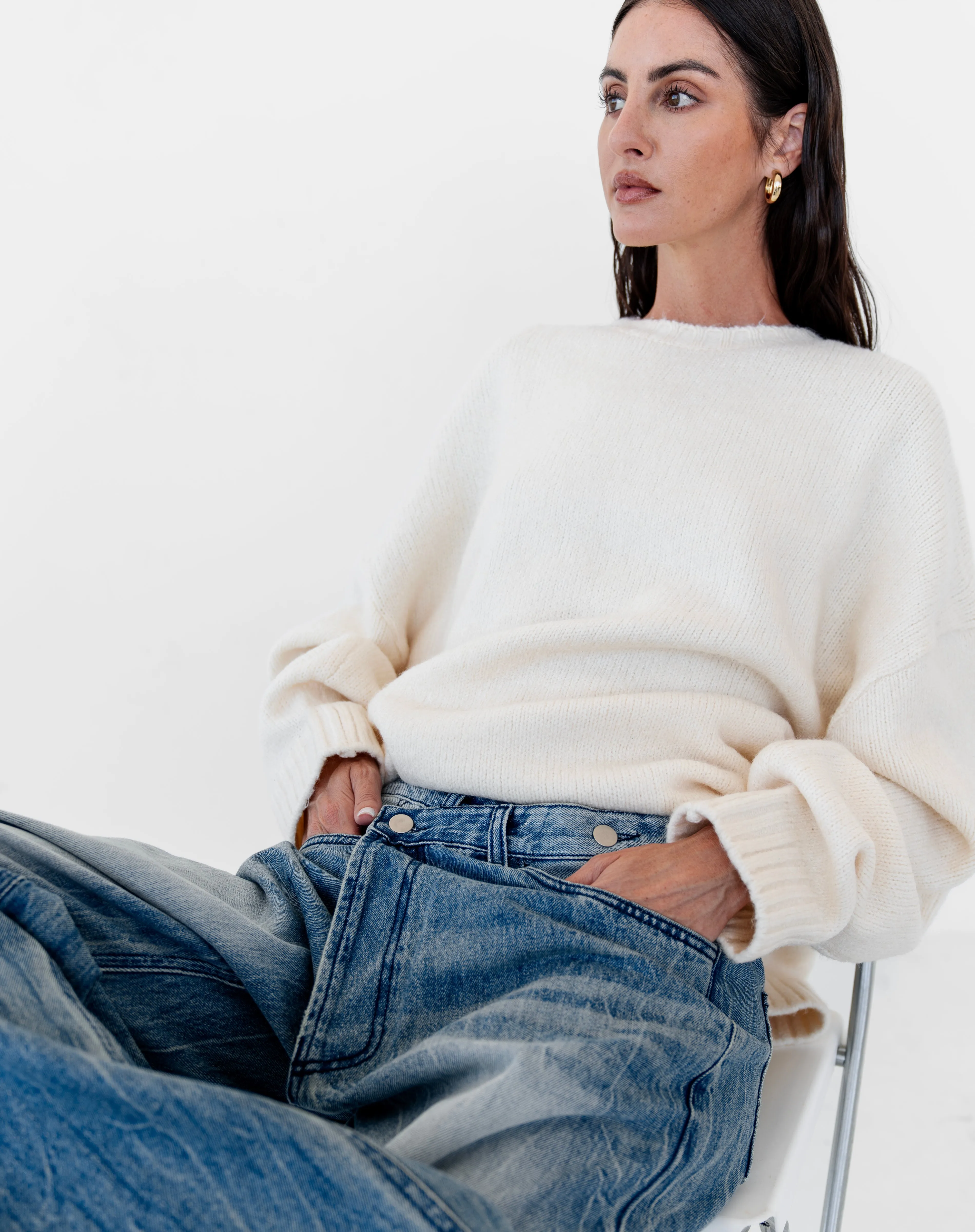 Asher Asymmetrical Waistband Jeans, Mid Wash