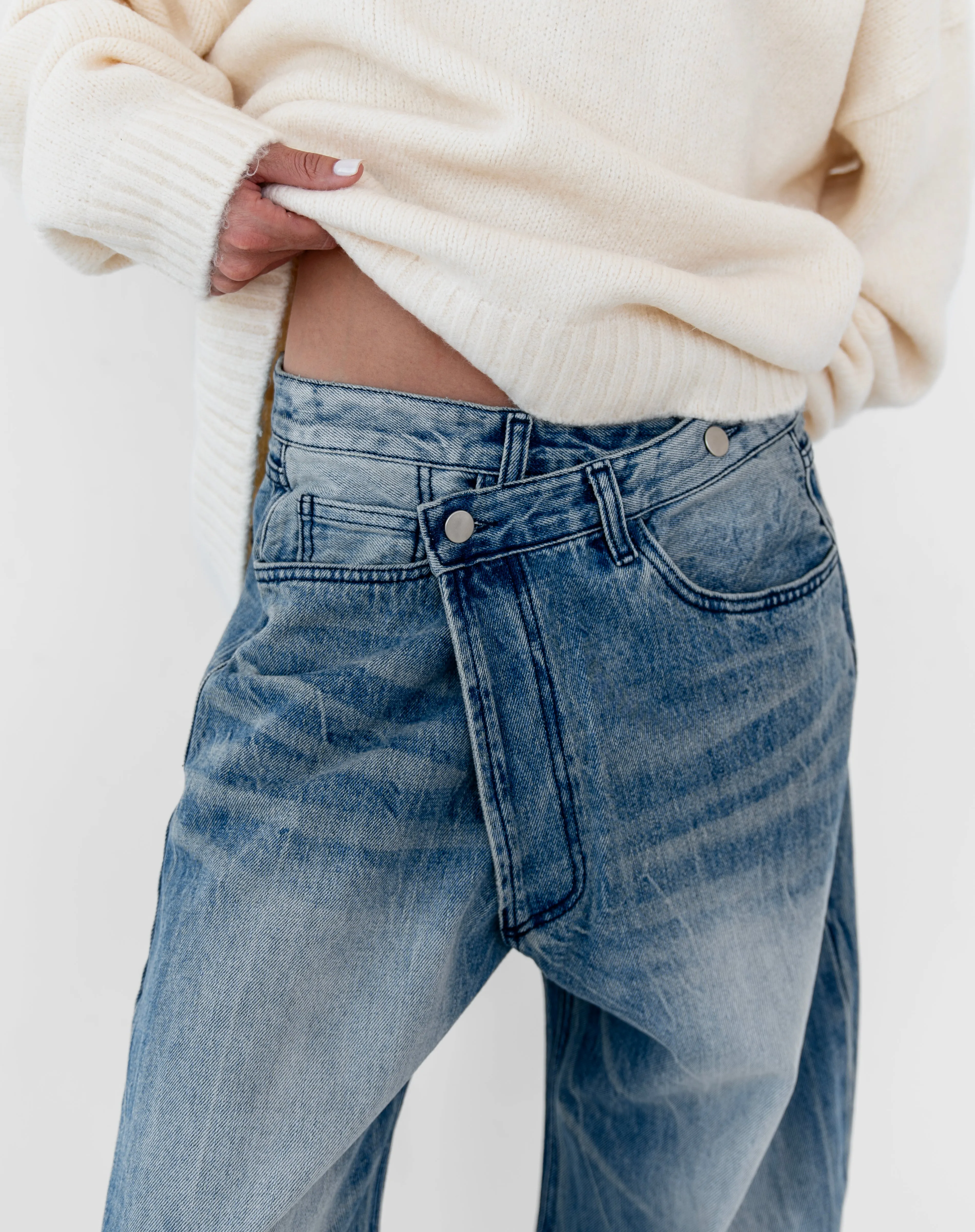Asher Asymmetrical Waistband Jeans, Mid Wash