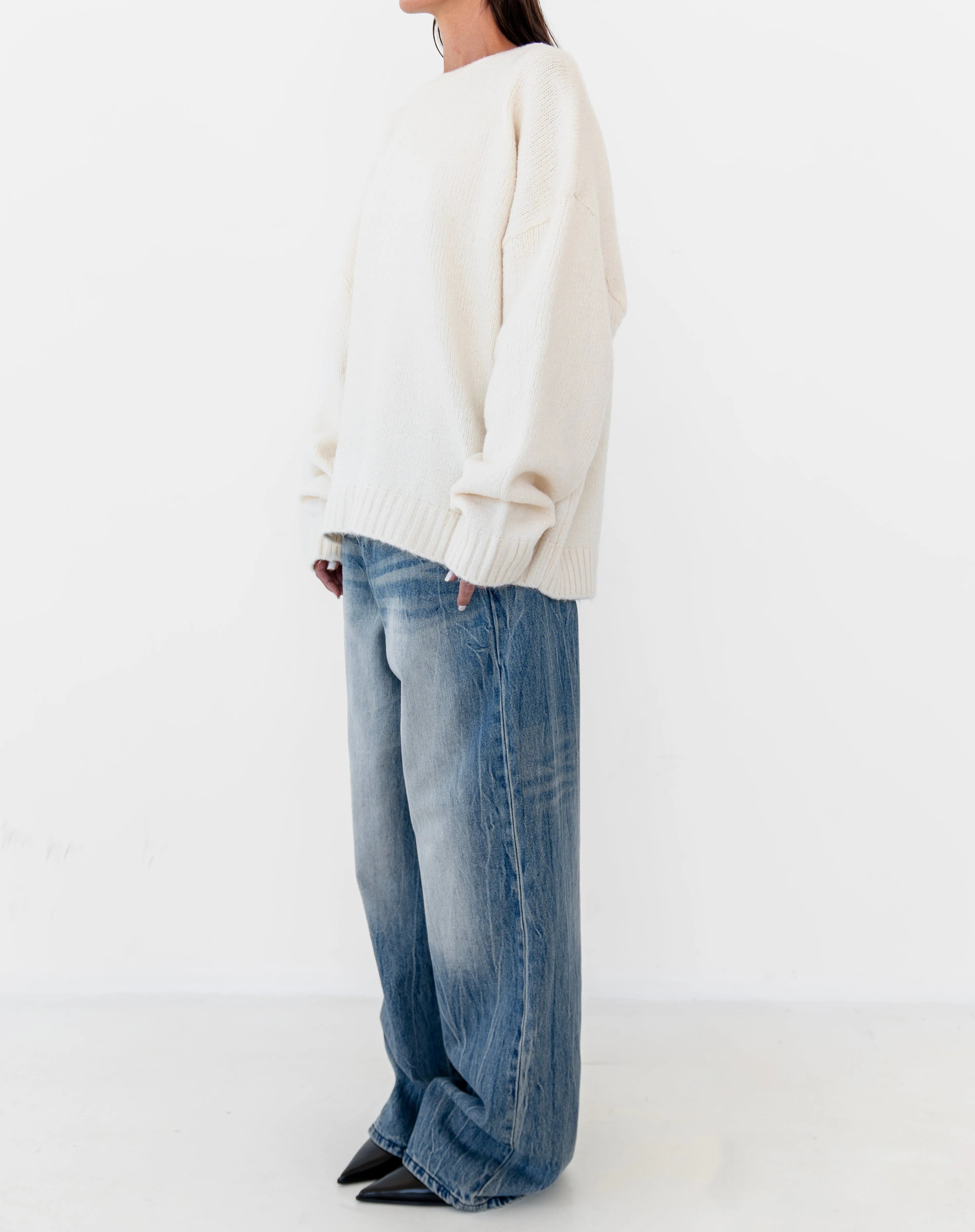 Asher Asymmetrical Waistband Jeans, Mid Wash