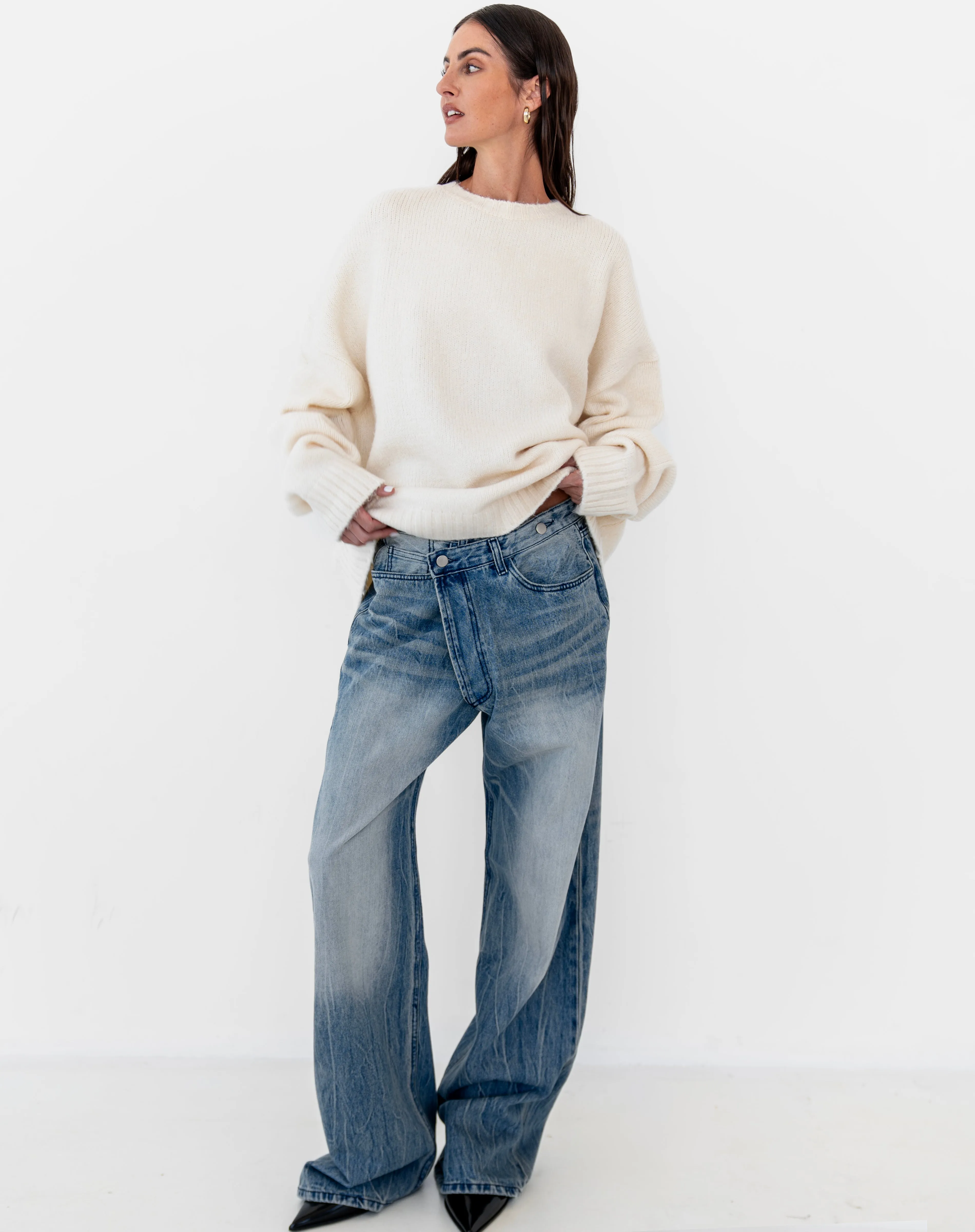 Asher Asymmetrical Waistband Jeans, Mid Wash