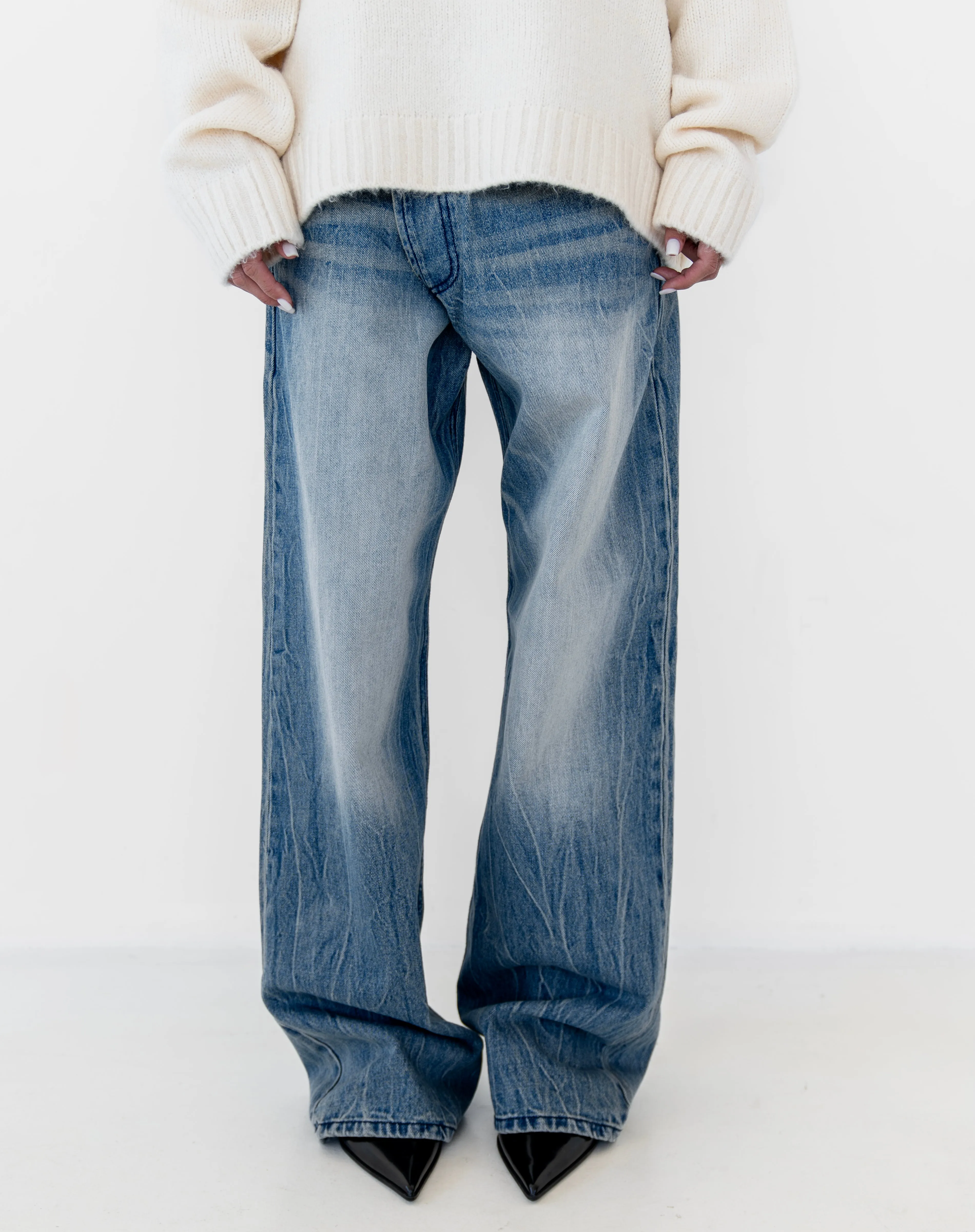 Asher Asymmetrical Waistband Jeans, Mid Wash