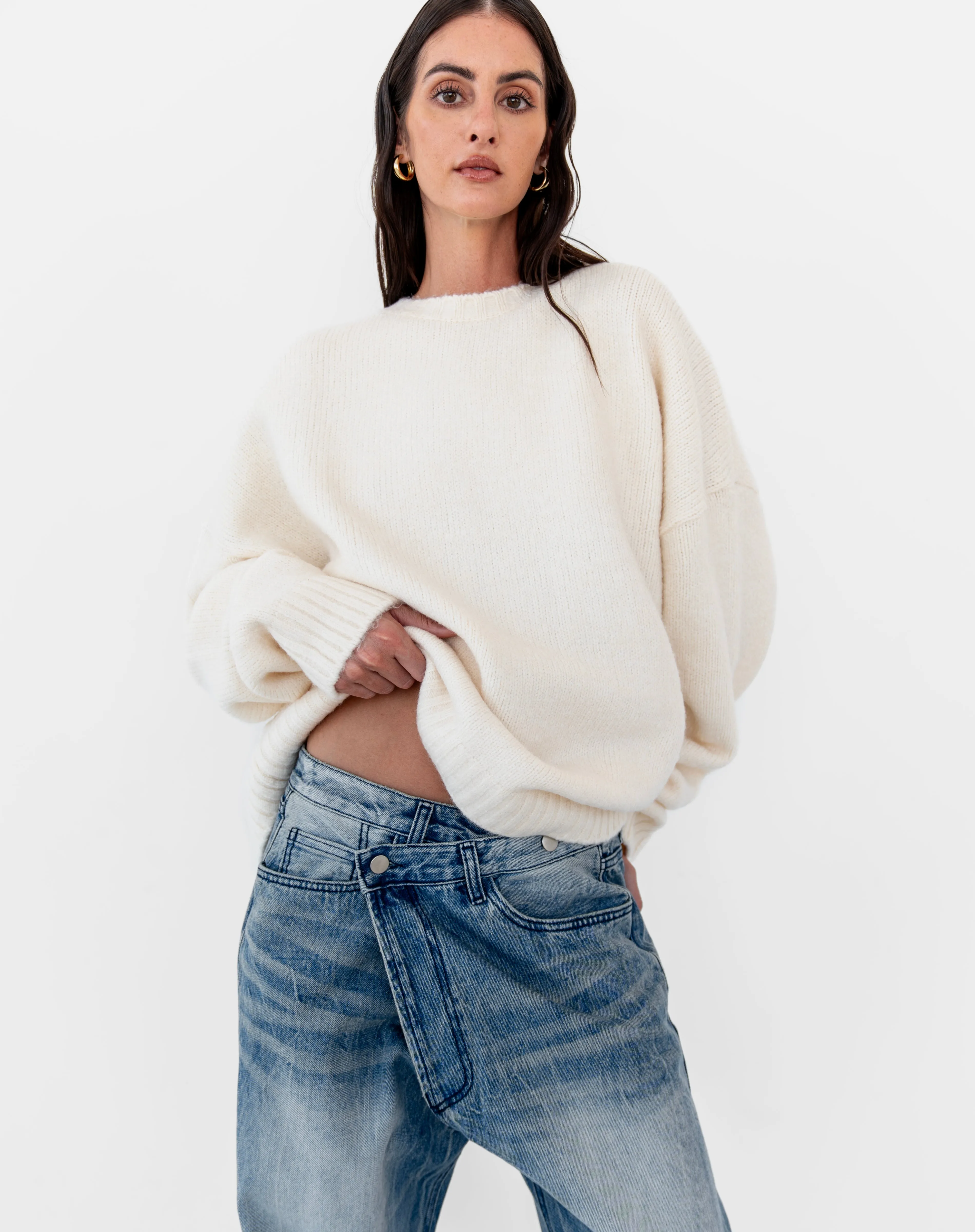 Asher Asymmetrical Waistband Jeans, Mid Wash