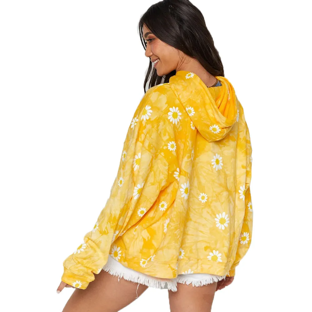 Autumn And Winter New Women Tie Dye Sunflower Print Hooded Sweater