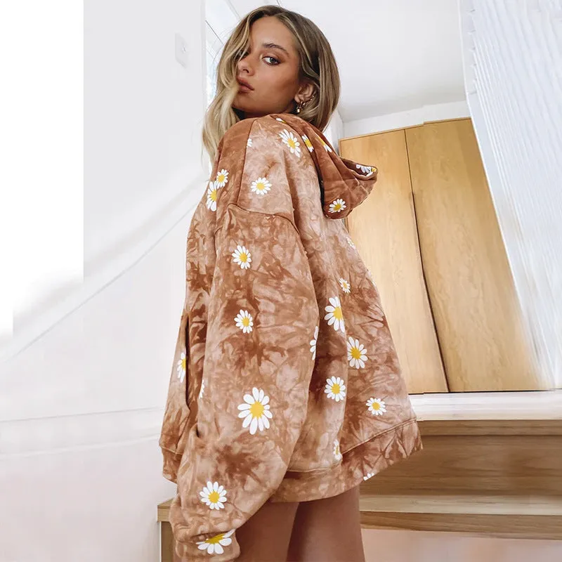 Autumn And Winter New Women Tie Dye Sunflower Print Hooded Sweater