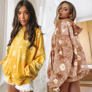 Autumn And Winter New Women Tie Dye Sunflower Print Hooded Sweater