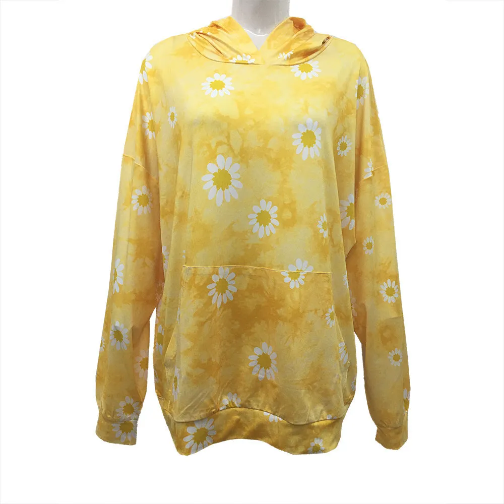 Autumn And Winter New Women Tie Dye Sunflower Print Hooded Sweater