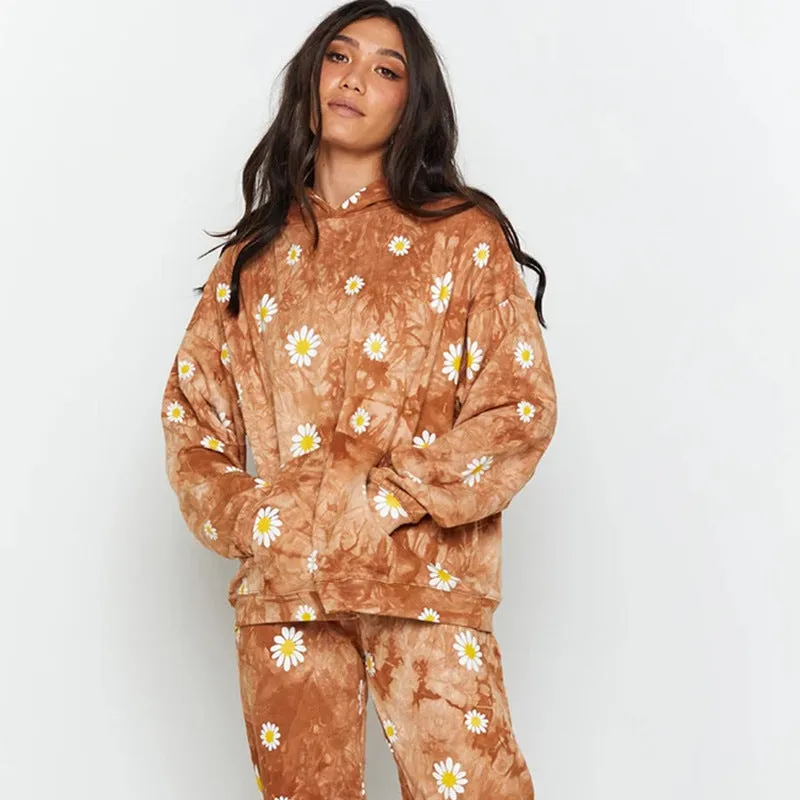 Autumn And Winter New Women Tie Dye Sunflower Print Hooded Sweater