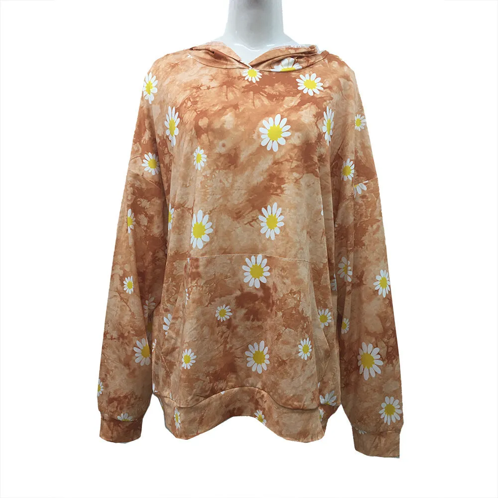 Autumn And Winter New Women Tie Dye Sunflower Print Hooded Sweater