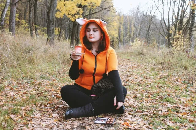 Autumn Women Thumb Sleeve Fox Ears Patchwork Hoodies Kawaii zipper Tracksuit