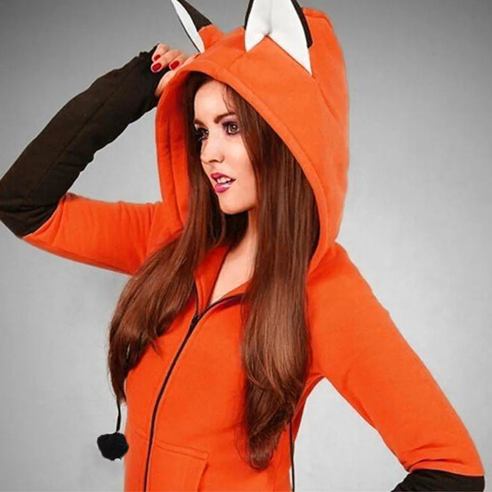 Autumn Women Thumb Sleeve Fox Ears Patchwork Hoodies Kawaii zipper Tracksuit