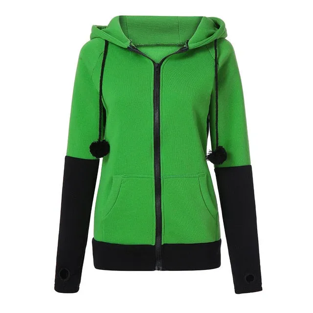 Autumn Women Thumb Sleeve Fox Ears Patchwork Hoodies Kawaii zipper Tracksuit