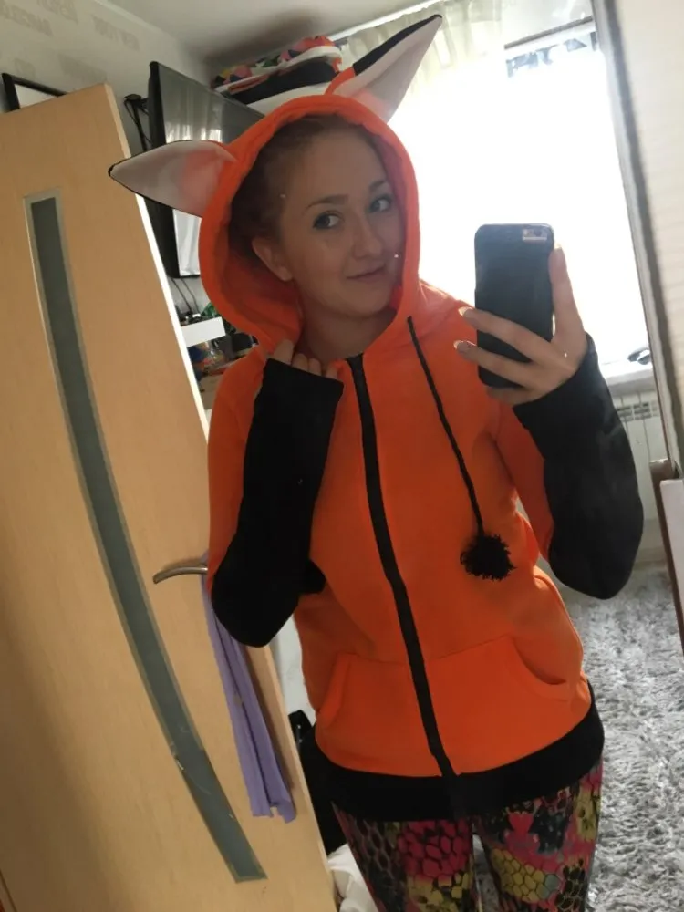 Autumn Women Thumb Sleeve Fox Ears Patchwork Hoodies Kawaii zipper Tracksuit