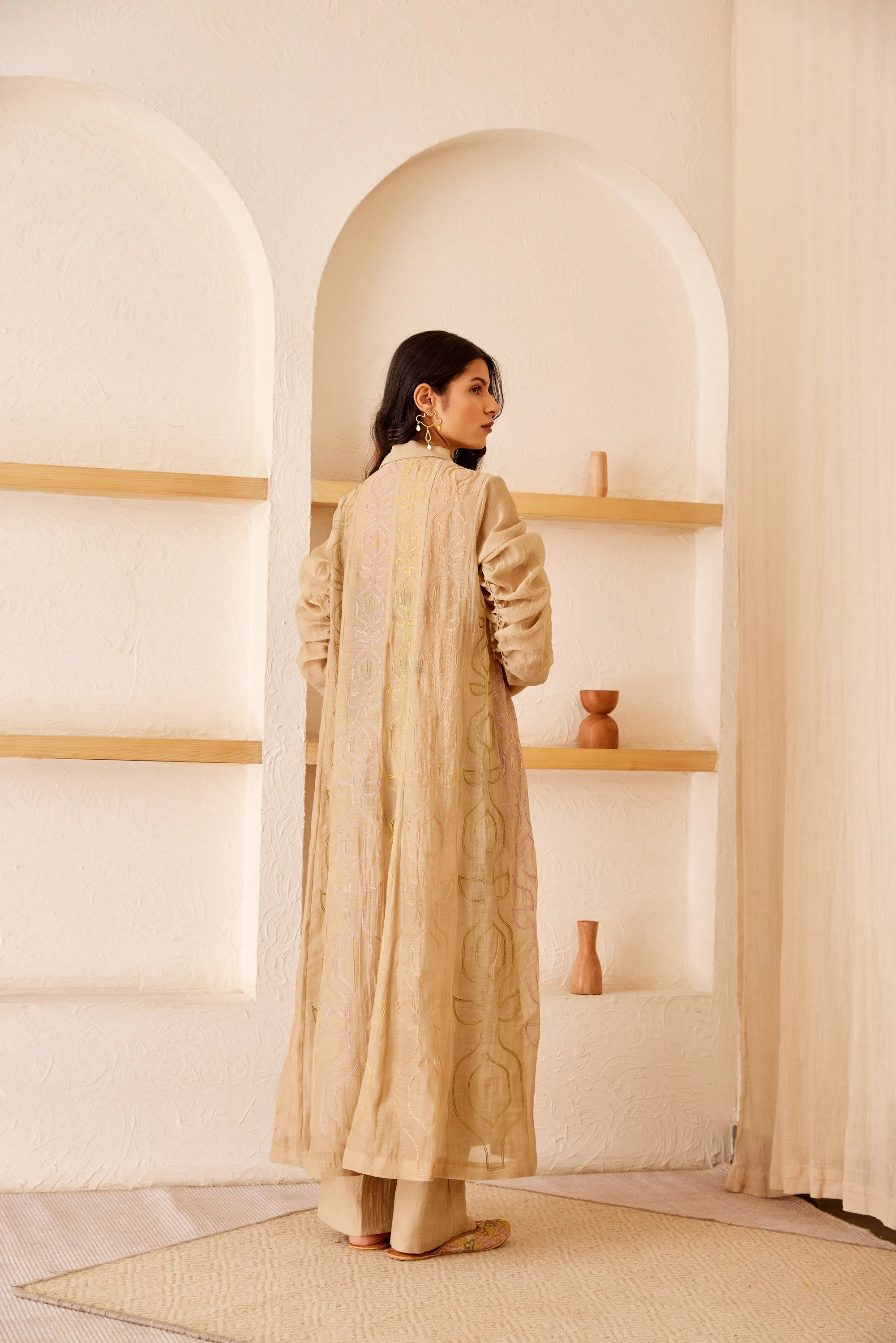 Beige chanderi silk hand embroidered kurta/dress