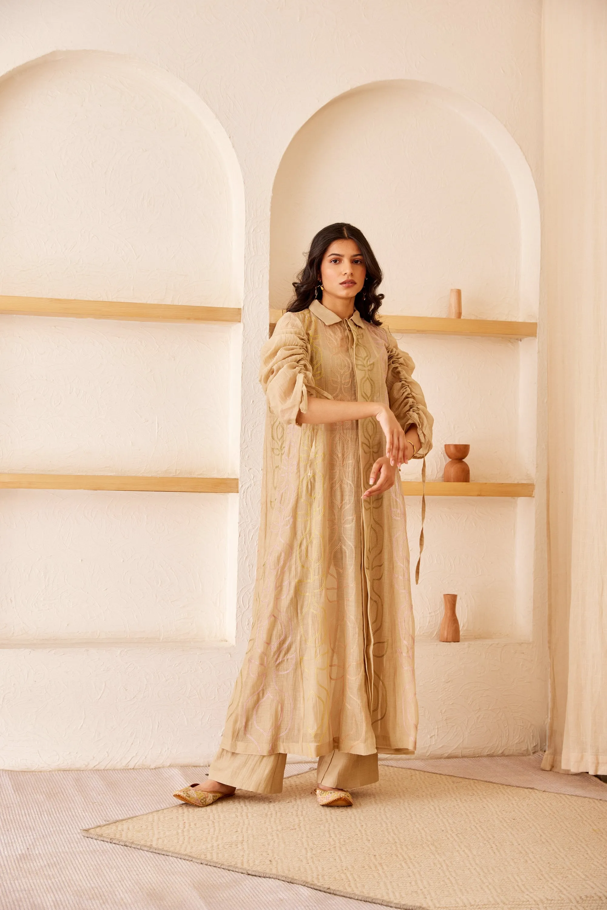 Beige chanderi silk hand embroidered kurta/dress