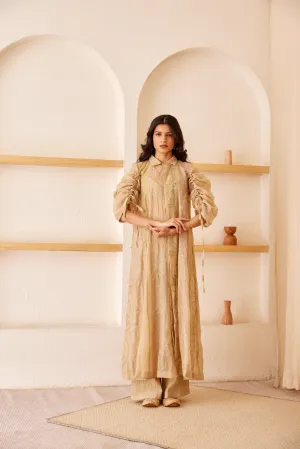 Beige chanderi silk hand embroidered kurta/dress