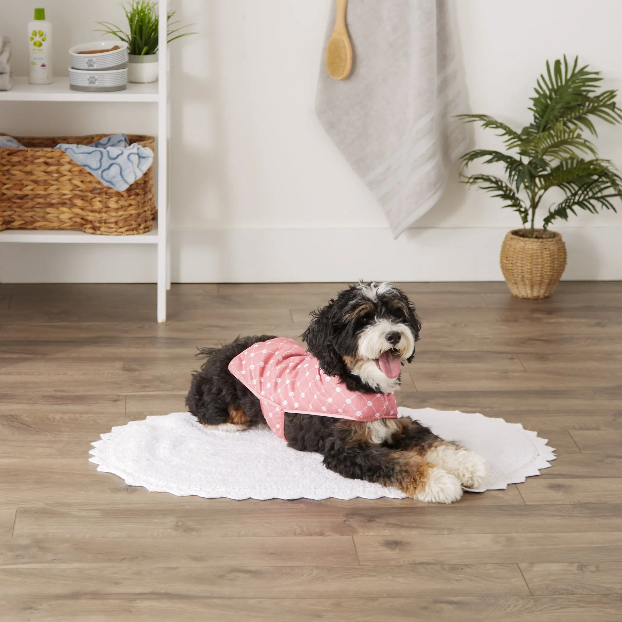 Bone Dry Microfiber Pet Robe, Trellis Paw Print - Rose - Small, 10-20 Lbs