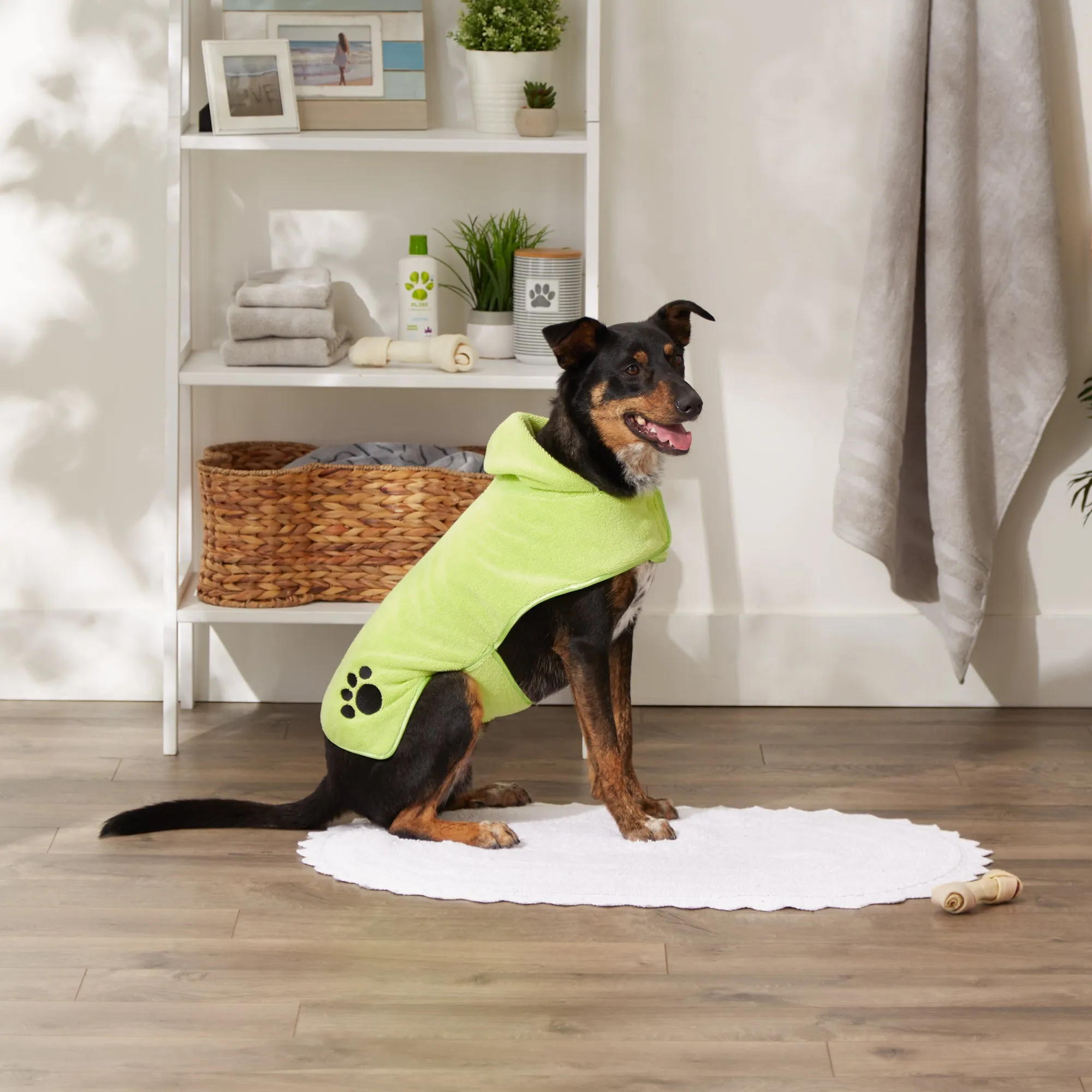 Bone Dry Terry Microfiber Pet Robe, Embroidered Paw Print - Lettuce Green - Medium, 20-35 Lbs