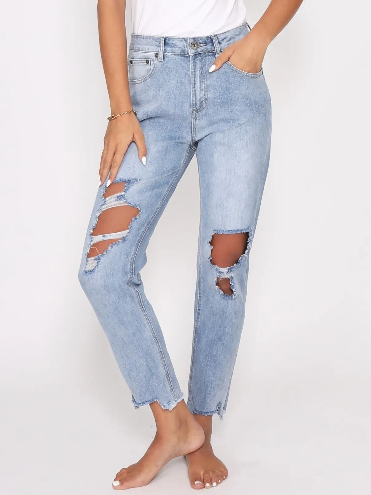 Boyfriend Distressed Jeans - Blue