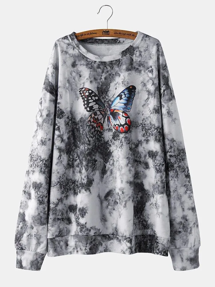 Butterfly Print Long-Sleeved Round Neck Bottoming Sweater Women