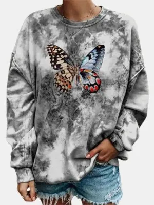 Butterfly Print Long-Sleeved Round Neck Bottoming Sweater Women