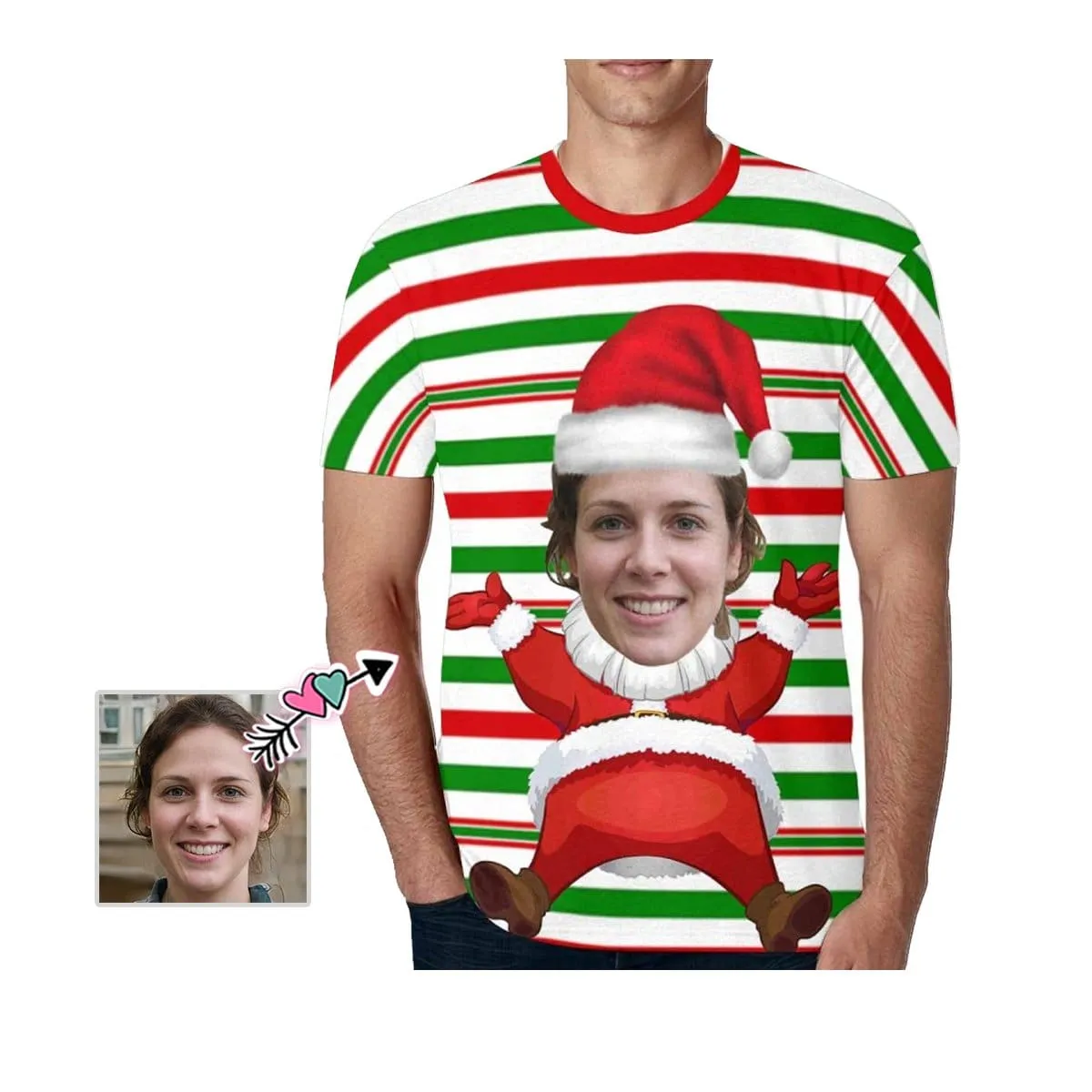 Custom Face Shirts Christmas Red&Green Stripe Print Men's All Over Print T-shirt with Unique Personalized Picture
