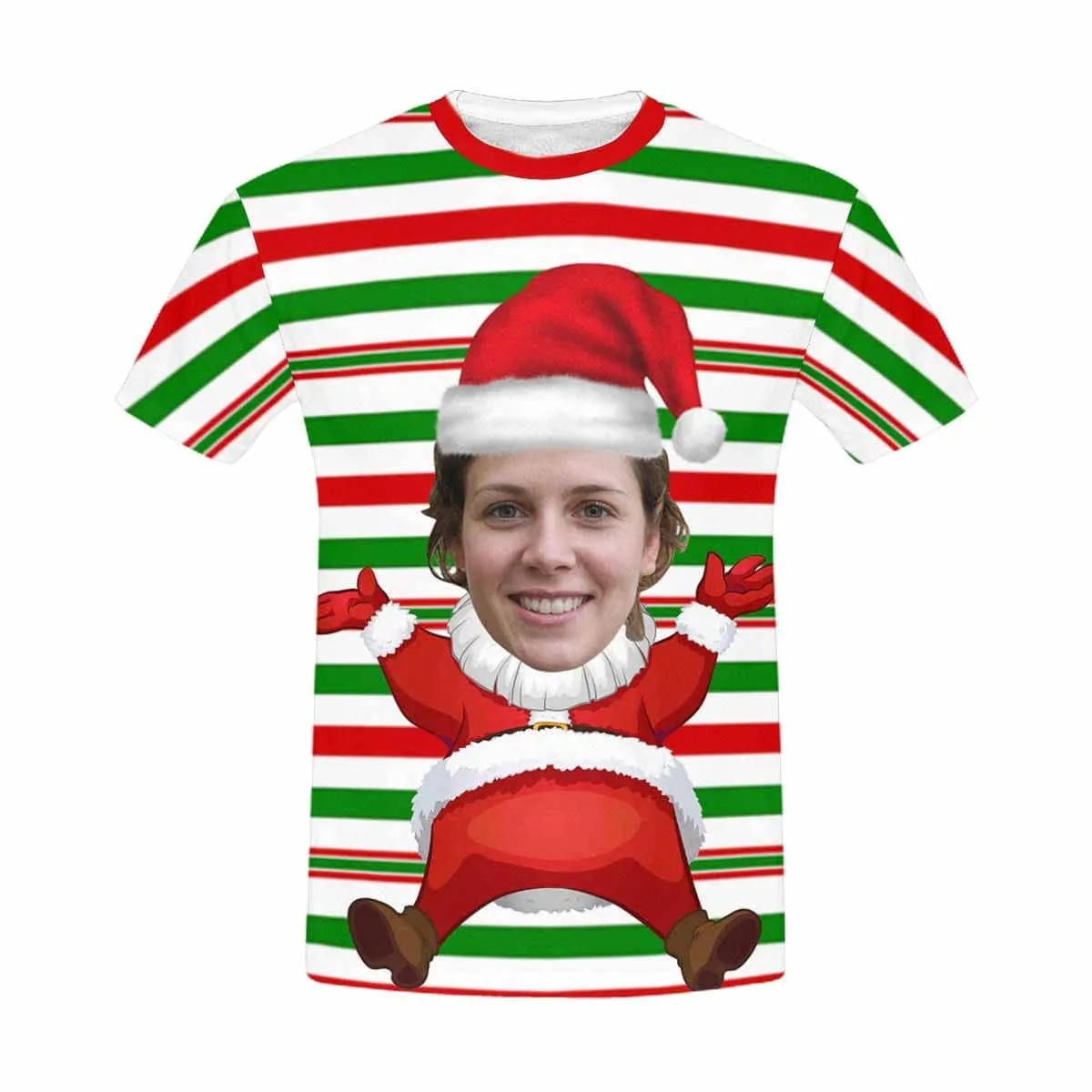 Custom Face Shirts Christmas Red&Green Stripe Print Men's All Over Print T-shirt with Unique Personalized Picture