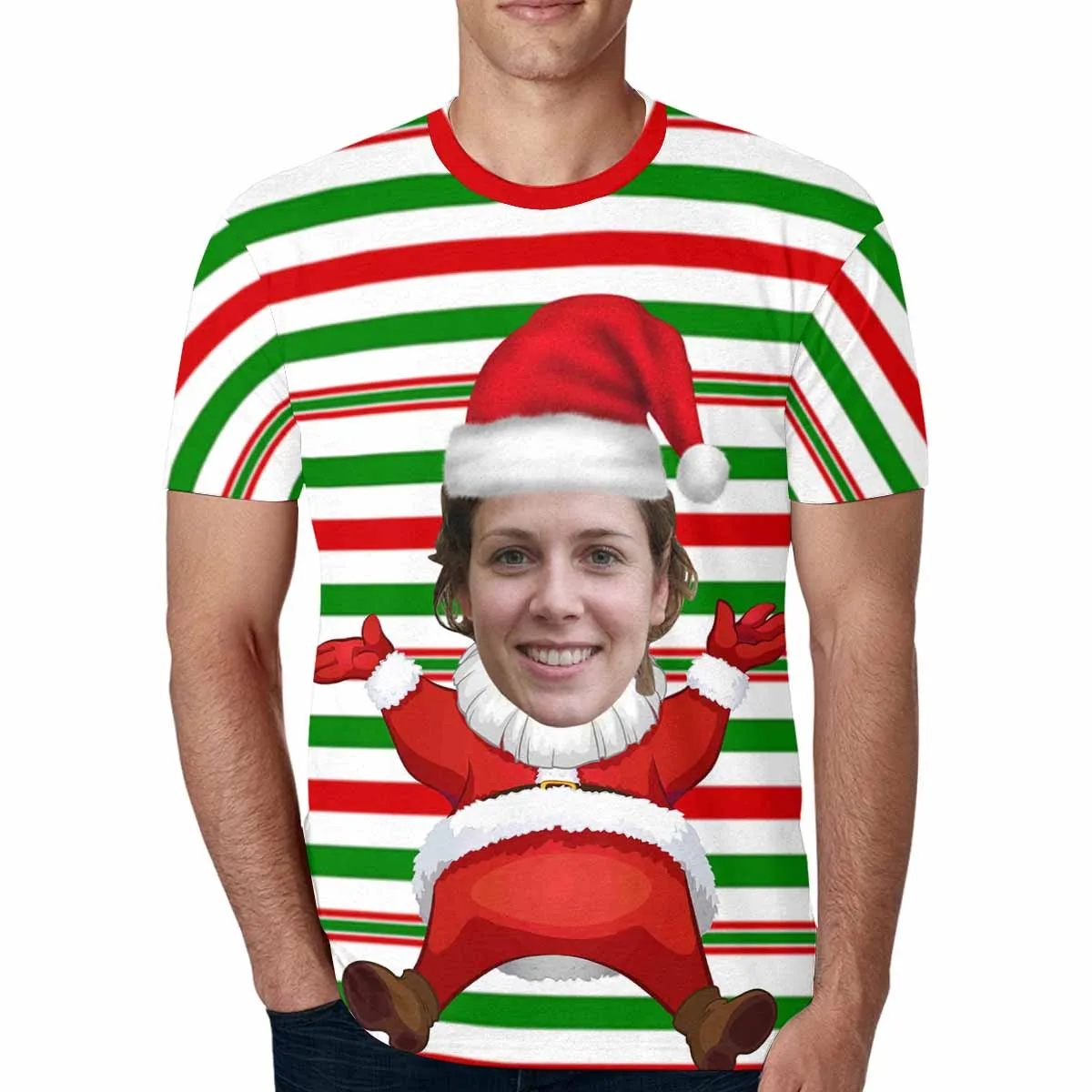 Custom Face Shirts Christmas Red&Green Stripe Print Men's All Over Print T-shirt with Unique Personalized Picture