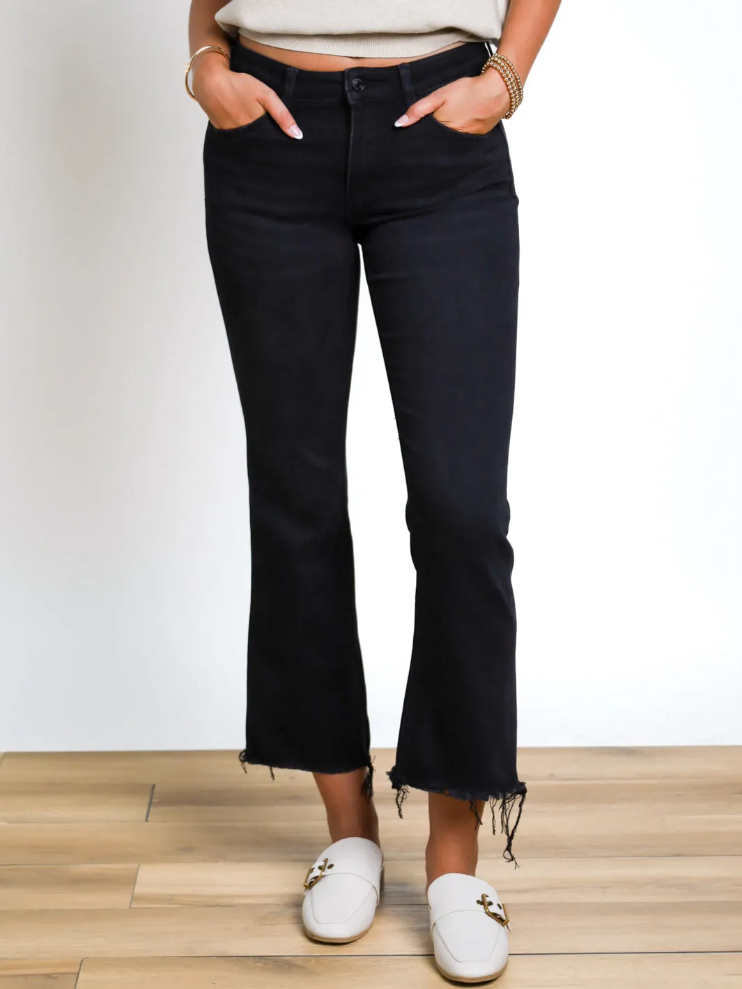 Deanna Mid Rise Distressed Crop Flare Jeans