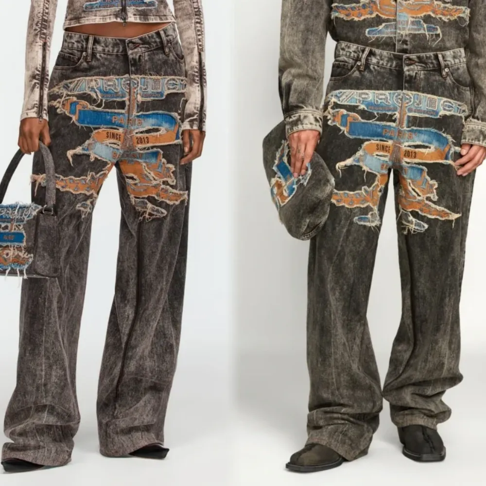DF |Trendy Washed Patch Embroidered Jeans
