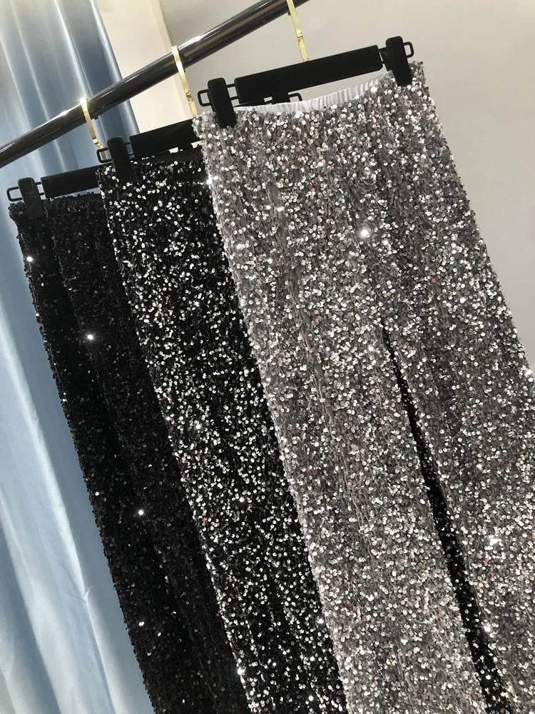 Fashionable Trendy Sparkling Pants Wide-Legged Sequins