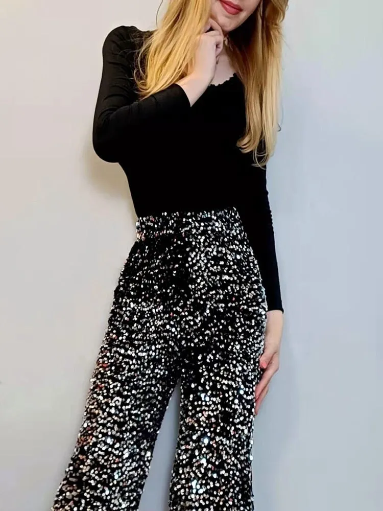 Fashionable Trendy Sparkling Pants Wide-Legged Sequins
