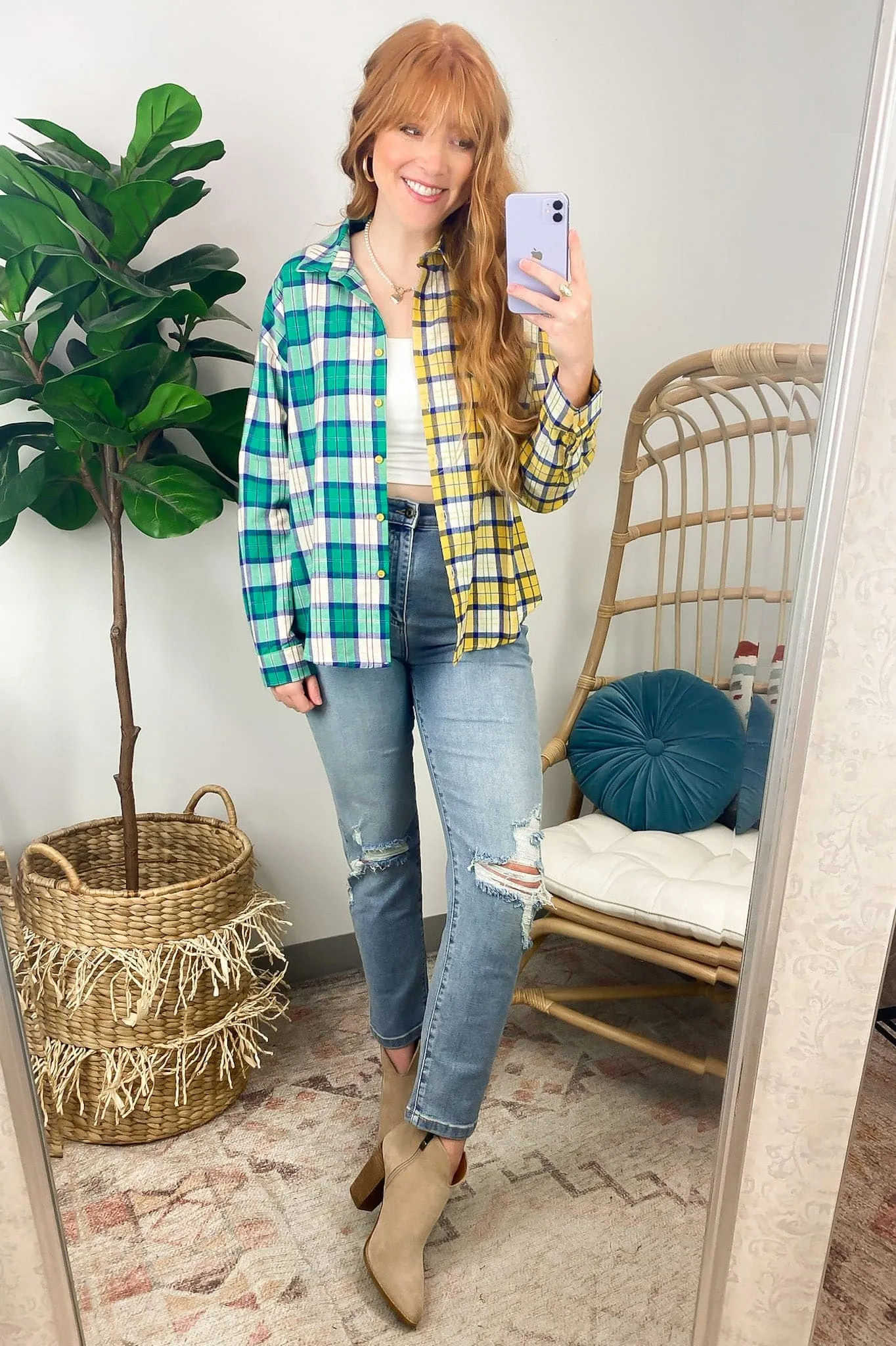 Fionnah Plaid Contrst Button Down Top - FINAL SALE