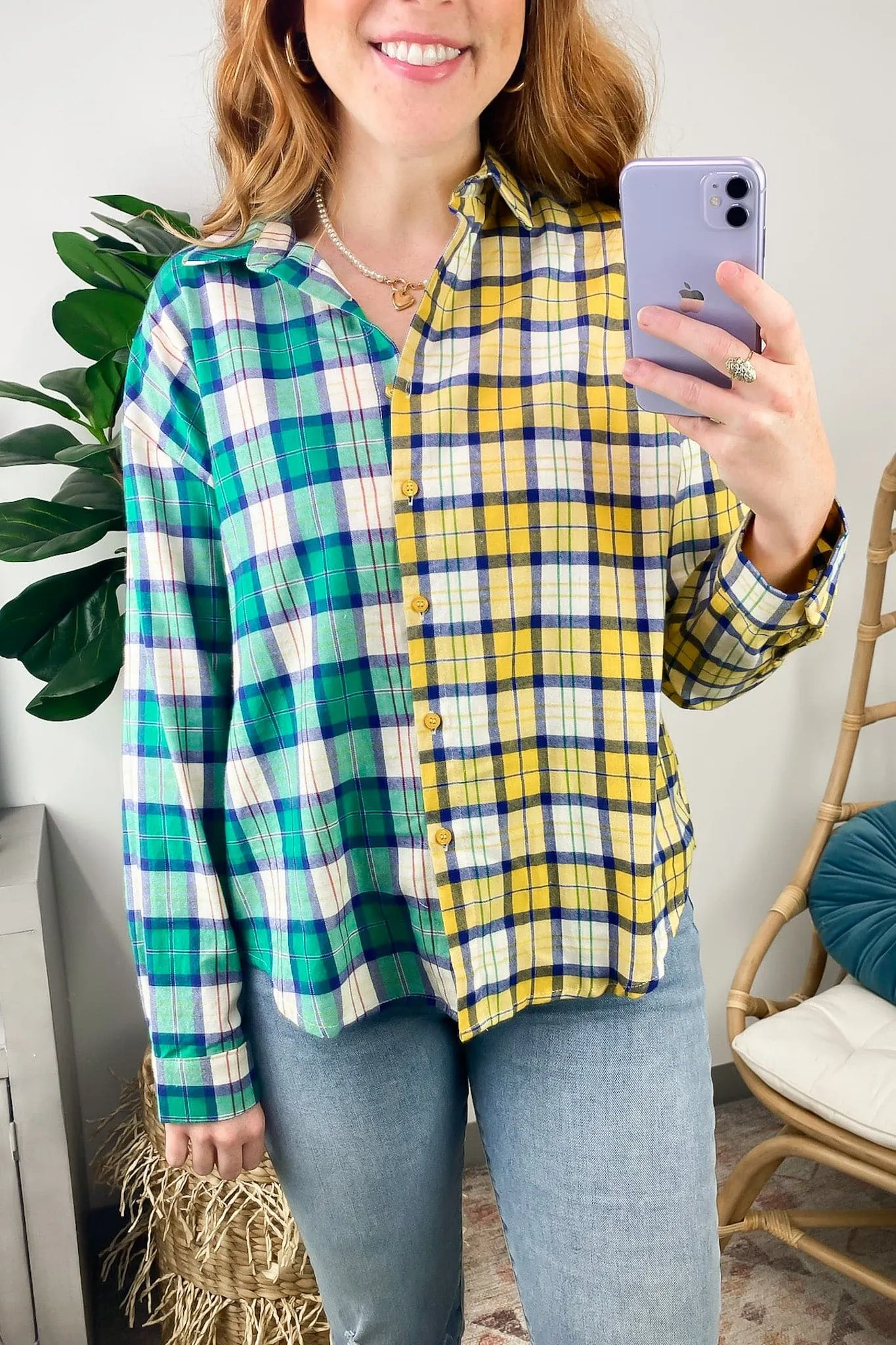 Fionnah Plaid Contrst Button Down Top - FINAL SALE