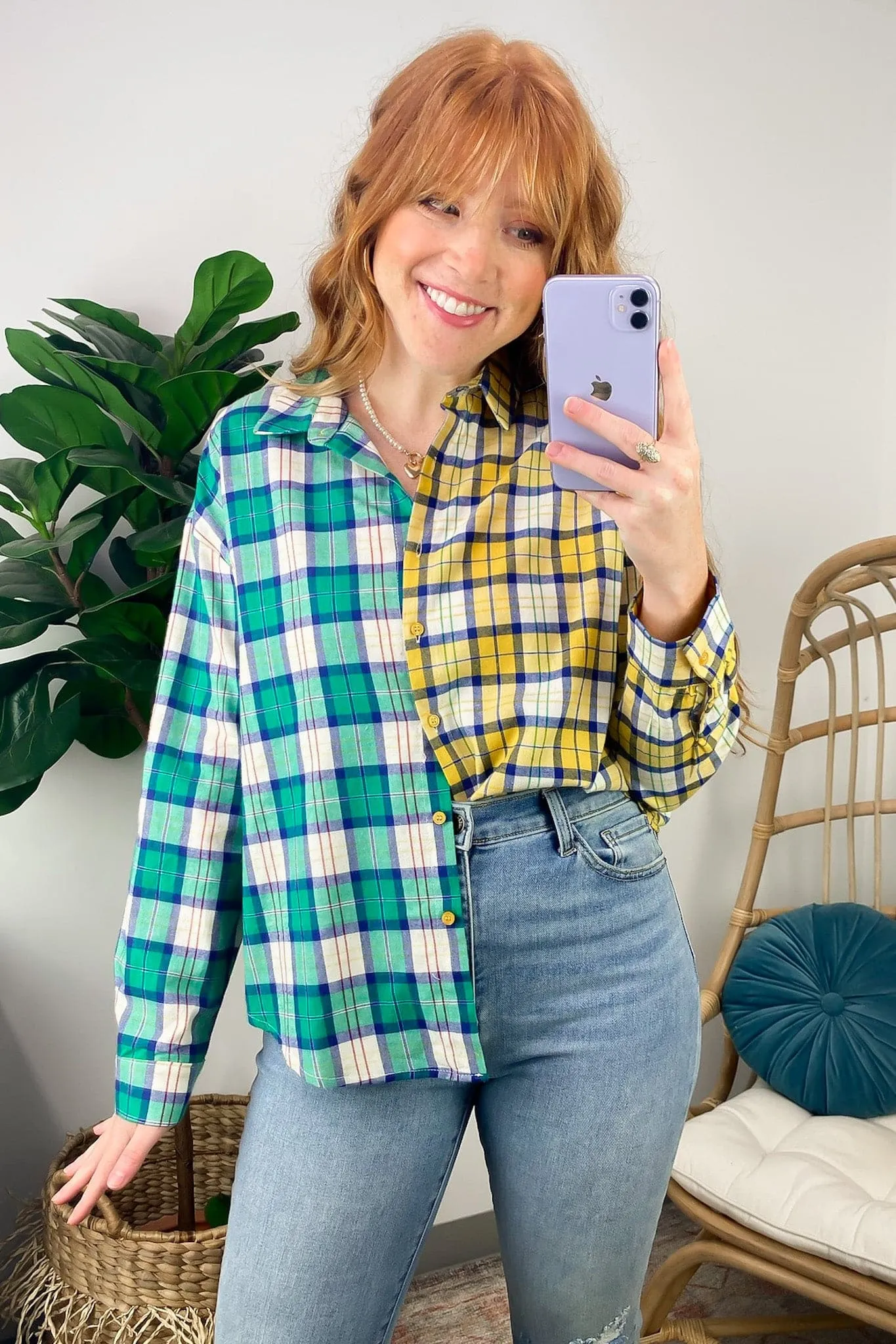Fionnah Plaid Contrst Button Down Top - FINAL SALE
