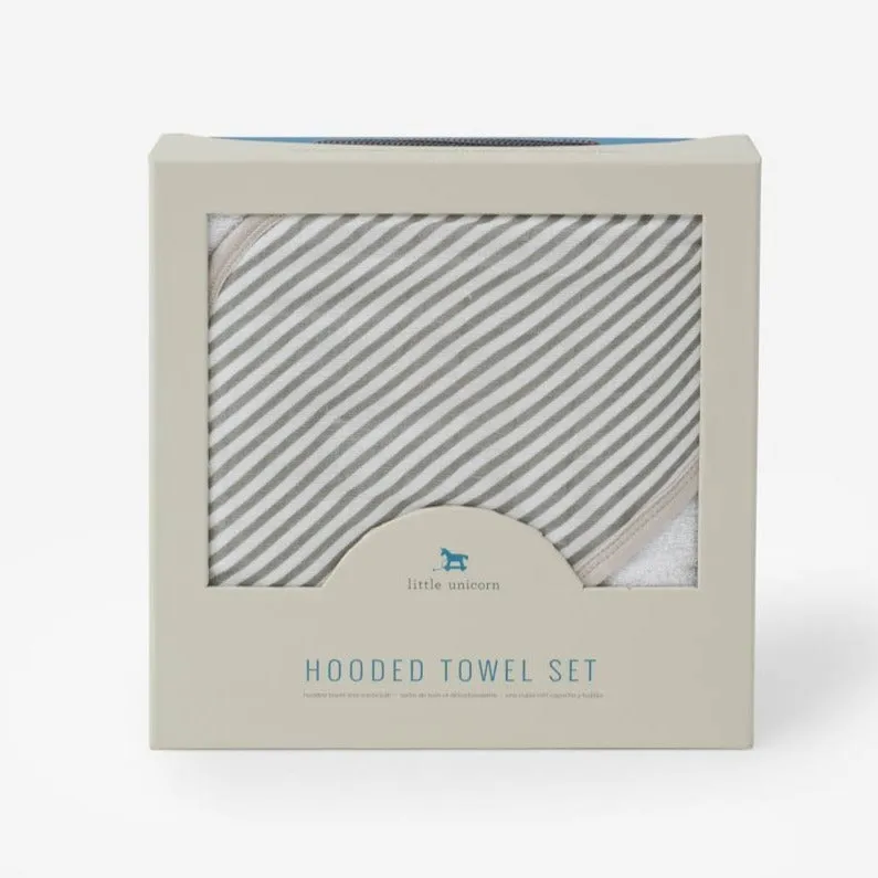 Infant Cotton Hooded Towel   Washcloth Set - Grey Stripe by Little Unicorn