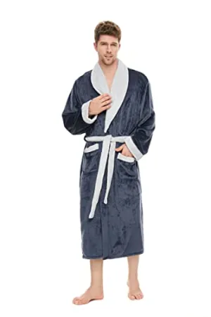 iniber Mens Robe Soft Lightweight Hooded Robes Full Length Robe for Men，Plus Size XS-4XL Warm Plush Bathrobe with Pockets