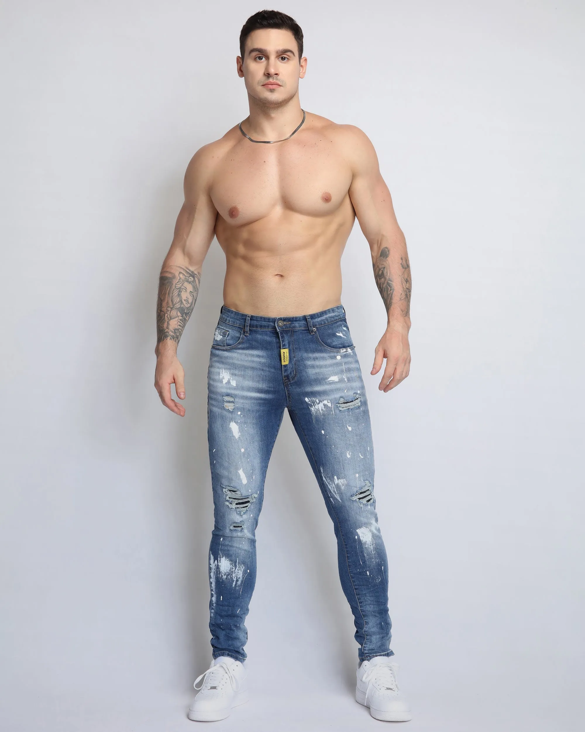 Irregular Paint Blue Ripped Jeans in Medium Wash-Mexico Local Delivery